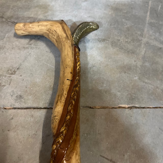 Wood Wooden Carved Vintage Cane With Brass Snake and Braided Accents For Sale - Image 7 of 8