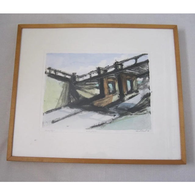 Monotype titled "Overpass" and pencil signed "David Siegal" on lower right hand corner. Shadowbox framed in a light oak...
