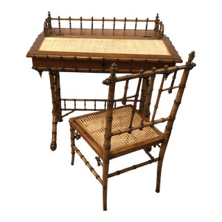 Bamboo & Grasscloth Vintage Writing Desk and Matching Chair -Set of 2 For Sale
