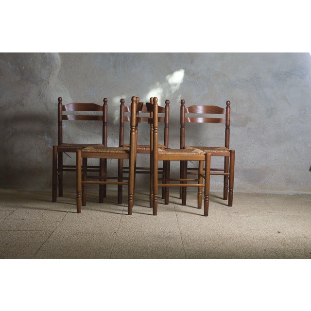 Brown Antique French Country Dining Chairs Rush Seats, 1960s, Set of 5 For Sale - Image 8 of 11