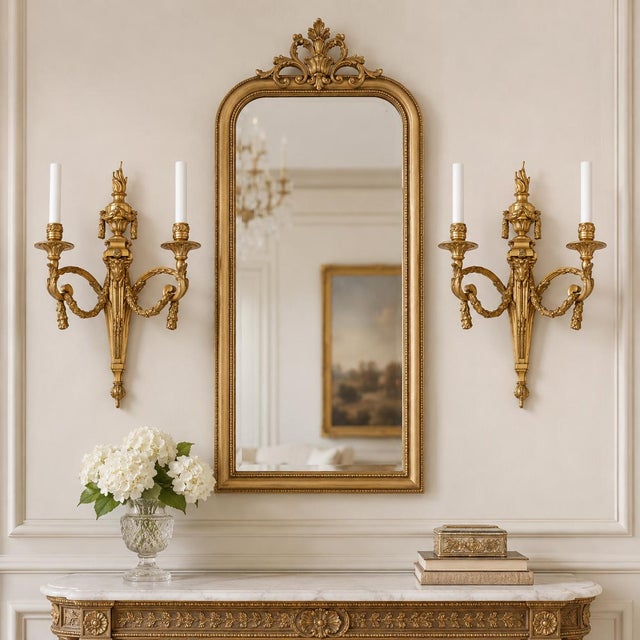 PAIR OF FRENCH LOUIS XVI STYLE GILT BRONZE WALL SCONCES France, second half of the 19th century Gilt bronze 20" H x 6 1/2"...
