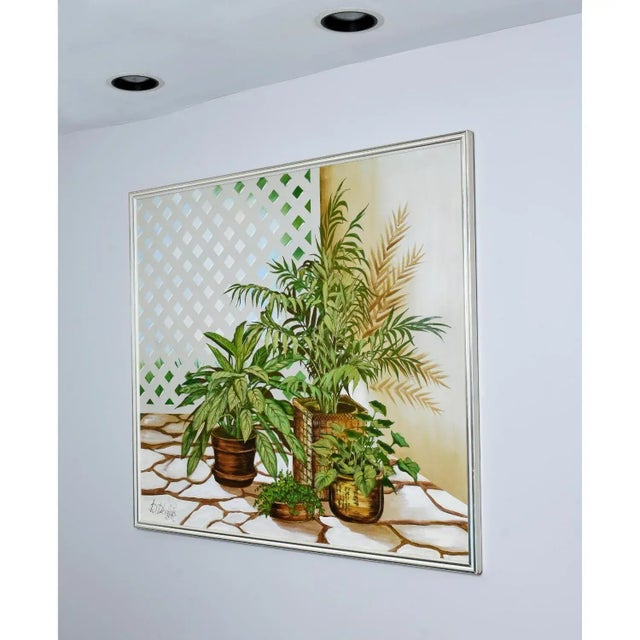 1970s Vintage 1970s Large Green and White House Plant Painting by DeLongprie For Sale - Image 5 of 10