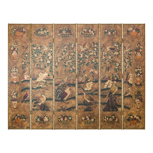 Six-Panel Leather Screen with Birds, Flowers, and Roosters - Vintage For Sale