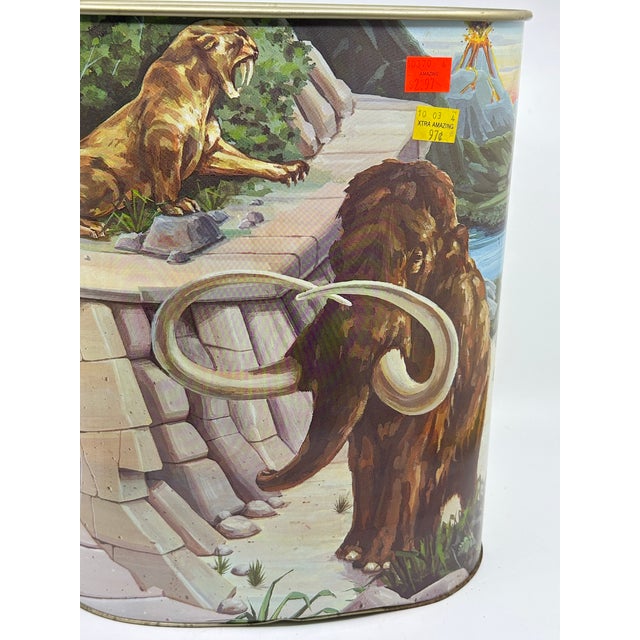 1980s Vintage Prehistoric Dinosaur / Mammoth Metal Wastebasket For Sale - Image 9 of 11