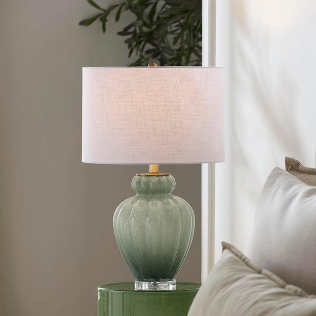 2020s Jamie Young Agnes Blown Glass Table Lamp with Linen Shade, Celadon For Sale - Image 5 of 5
