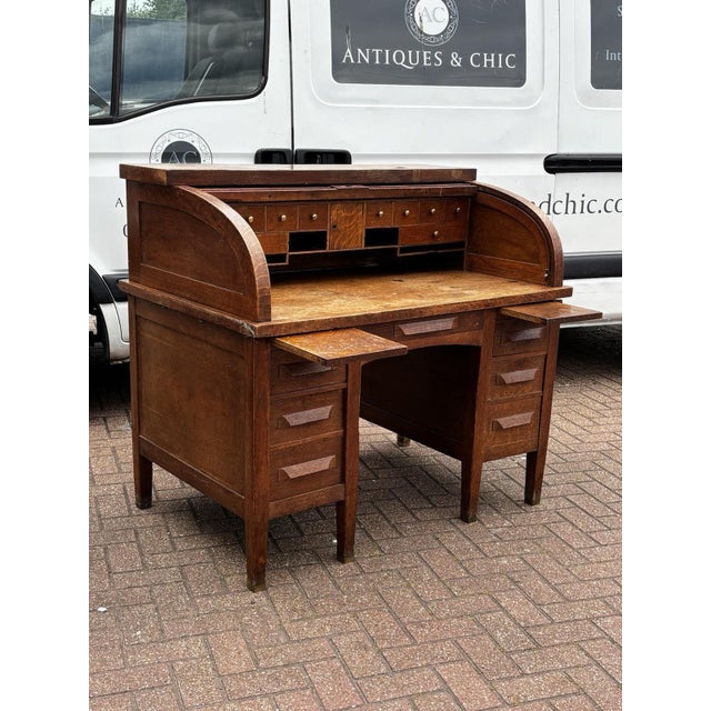Edwardian Oak Roll Top Desk For Sale - Image 3 of 15