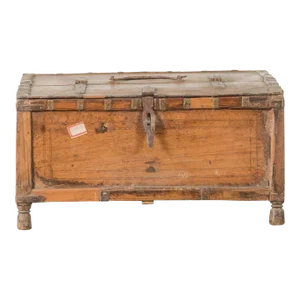 Rustic Indian 19th Century Wooden Box with Iron Details and Concentric Circles