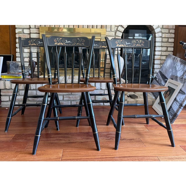 Ethan Allen Set of 4 Ethan Allen "Deer & Willow" Hitchcock Chairs – Black & Gold Gilt With Solid Cherry Seats For Sale - Image 4 of 6