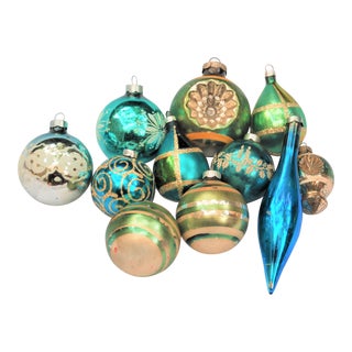 Vintage Blue and Green Glass Ornaments - Set of 11 For Sale