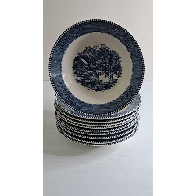 SKU: OT 3349 Currier & Ives Blue By Royal 8.5" Rimmed Cereal Soup Bowl Early Winter Set Of 10 This listing is for a set of...