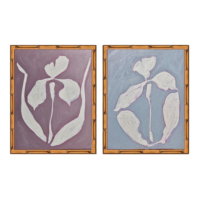 Original Framed Botanical Diptych Painting Set White Iris Flower by Tatiana DuPerault For Sale