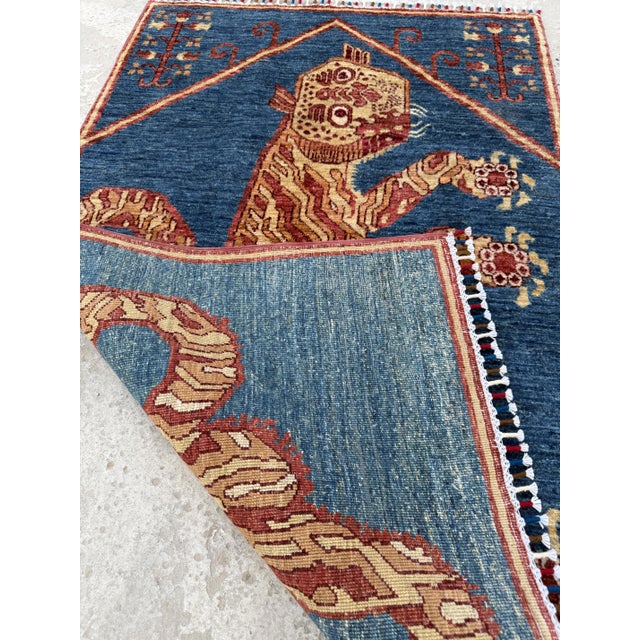 Blue Gold Hand Knotted Tibetan Tiger Pictorial Wool Rug, 03'01 X 04'08 For Sale - Image 10 of 10