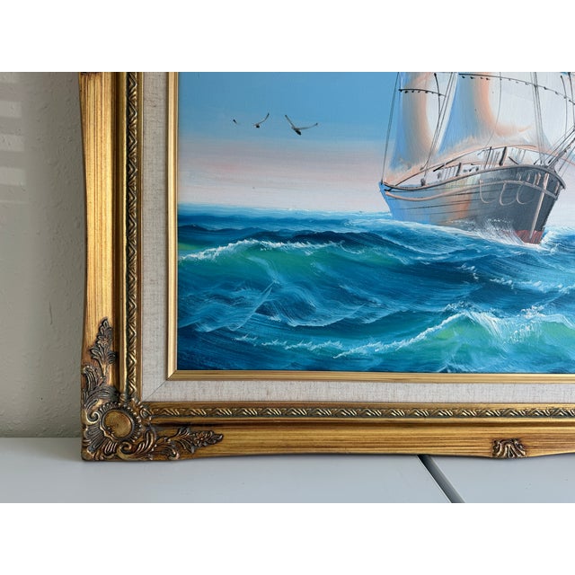 Blue Original Marine Oil Painting Tall Ship on Open Sea Nautical Seascape Gold Frame For Sale - Image 8 of 11