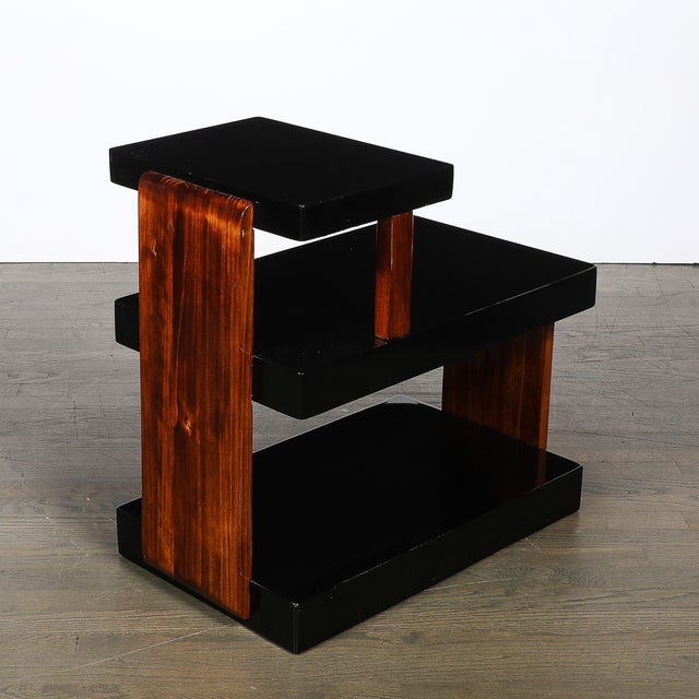 Art Deco Machine Age Three-Tier Black Lacquer & Walnut Side Table For Sale - Image 13 of 14