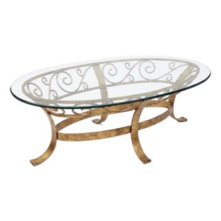 Hollywood Regency Hand Gilt Wrought Iron Oval Coffee Table - Newly Painted For Sale