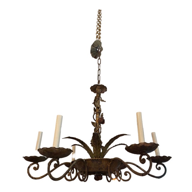 Mid 20th Century Hand Wrought Italian Six Light Tole Chandelier For Sale
