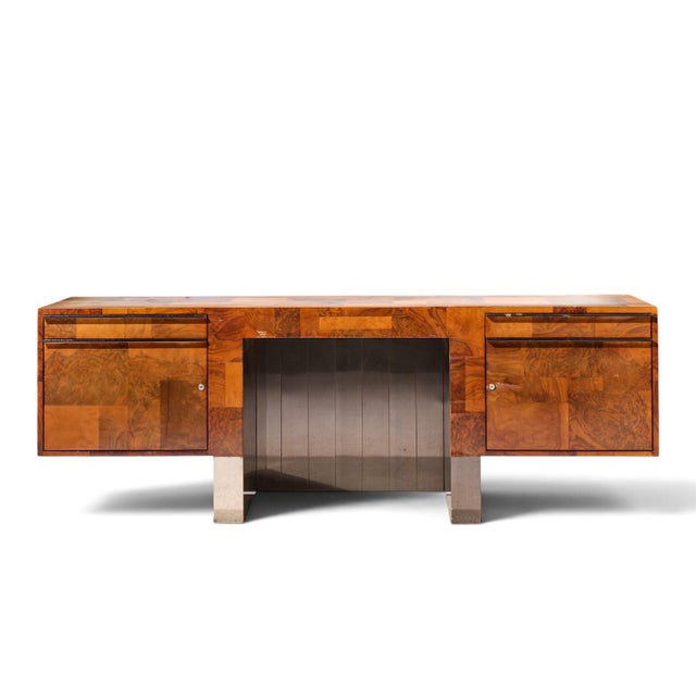 Paul Evans Style Mid Century Patchwork Burlwood Desk This desk measures: 84 wide x 22.75 deep x 29.75 high, with a chair...