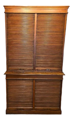 English Regency / Campaign Style Tambour Door Bookcase Cabinet in Oak, C. 1890–1920