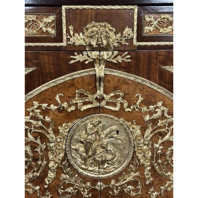 Mid 20th Century Louis XVI Style Gilt-Mounted Marquetry Commode With Green Marble Top For Sale - Image 4 of 5