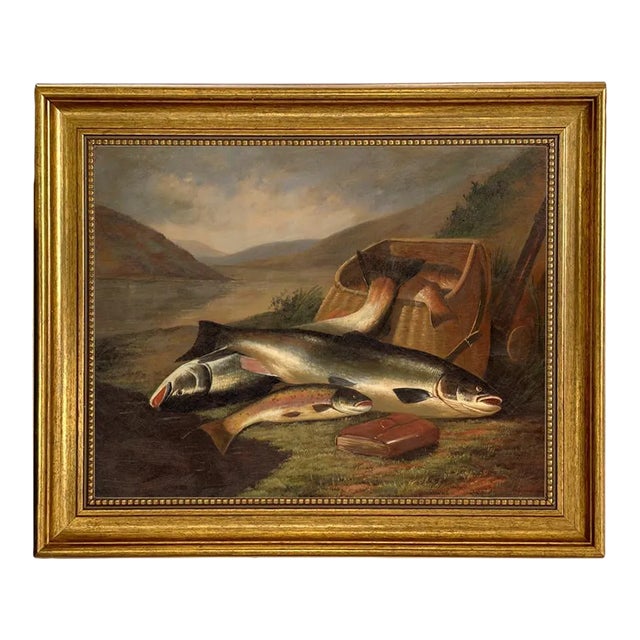 Atlantic Salmon and Brown Trout Canvas Print in Antiqued Gold Frame, 14-1/2" X 17-1/2" For Sale