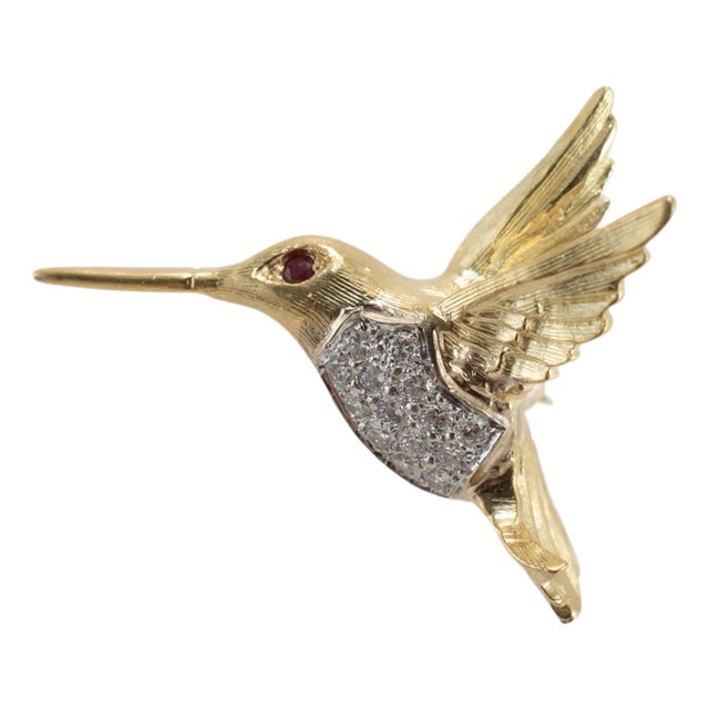 Vintage 18k Yellow Gold Ruby Diamond Hummingbird Pin Brooch Pendant For Sale