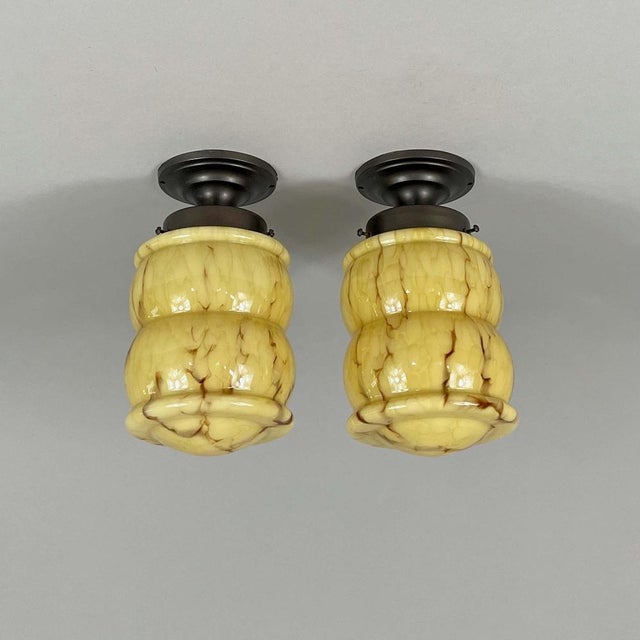 1930s Art Deco Marbled Opaline & Burnished Brass Flush Mounts, Germany, 1930s, Set of 2 For Sale - Image 5 of 16