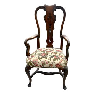 Antique Carved Walnut Queen Anne Style High Back Arm Chair W/Stretcher Base For Sale
