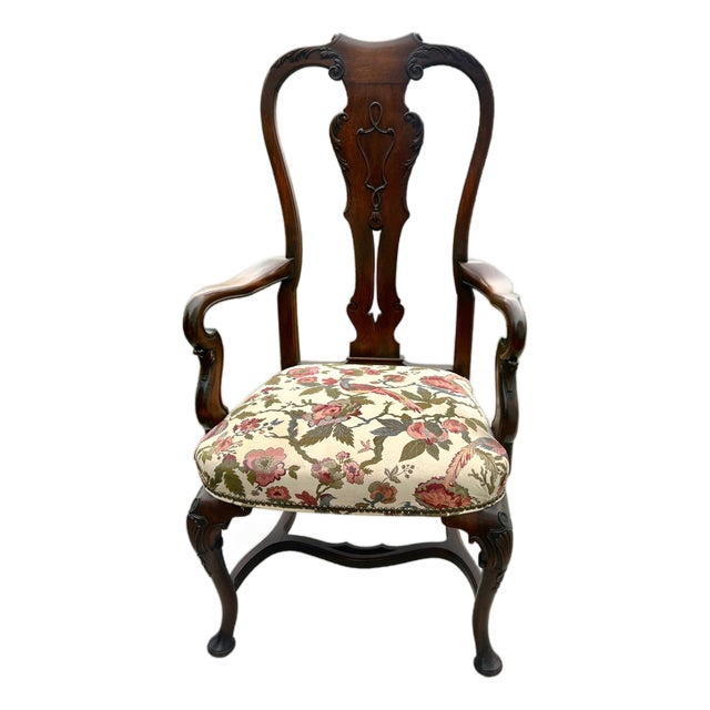 Antique Carved Walnut Queen Anne Style High Back Arm Chair W/Stretcher Base For Sale