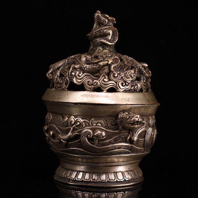 1970s Vintage Silver-Plated Bronze Incense Burner With Dragon Lid - Asian Censer For Sale - Image 5 of 8