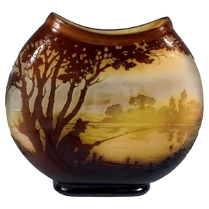 Large Round Art Nouveau Style Gall Cameo Vase with Seascape Decor from Emile Gallé, France, 1905
