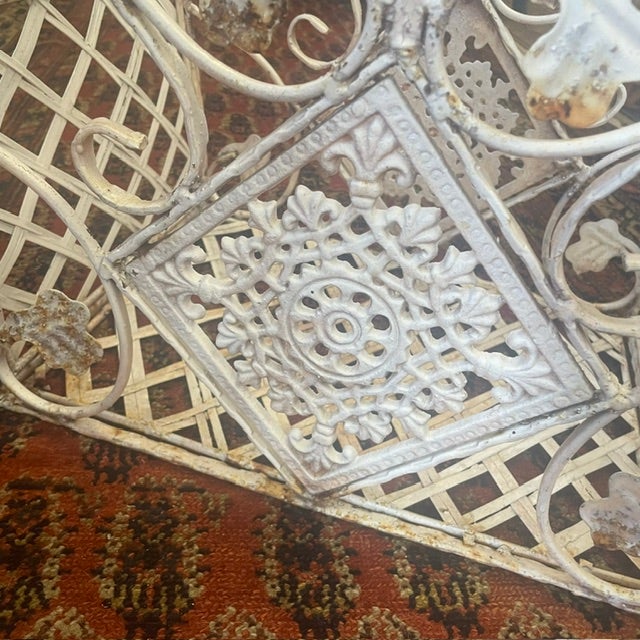 Vintage Victorian French Style White Iron / Lattice Rectangle Basket W/ Leaves/Tiles & Fixed Handle For Sale - Image 6 of 18