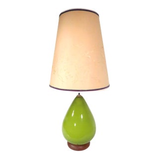 Mid 20th Century Green Glass Table Lamp With Original Shade For Sale