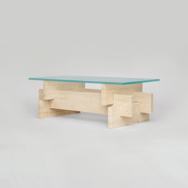 Contemporary Berlin Travertine and Glass Coffee Table by Kiwano Concept For Sale - Image 3 of 6