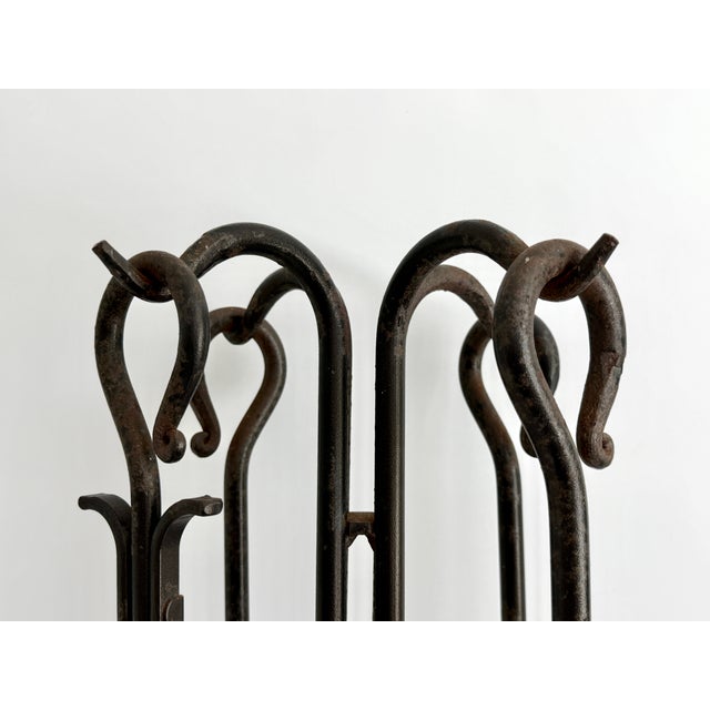 Farmhouse Vintage Primitive Hand-Forged Wrought Iron Pilgrim Fireplace Tool Set - 5 Pieces For Sale - Image 3 of 11