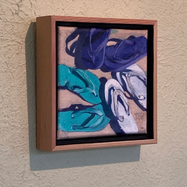 Contemporary Flip Flop Trio by Tracy Wall | Oil on canvas Depiction of colorful flip flops on sand. For Sale - Image 3 of 5