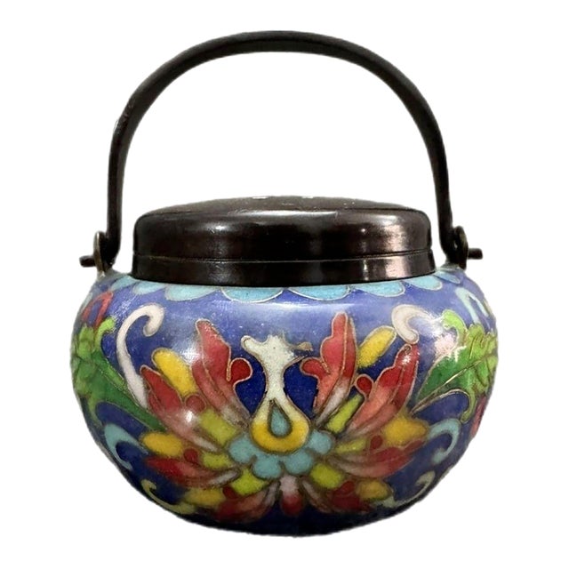 Late 20th Century Cloisonné Enamel Hand Warmer, Floral Phoenix Chinoiserie Lidded Vessel With Handle For Sale