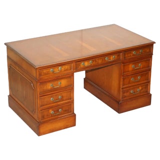 Burr Yew Wood Twin Pedestal Partner Desk with Complete Ornate Timber Top For Sale