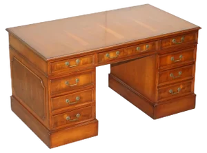 Burr Yew Wood Twin Pedestal Partner Desk with Complete Ornate Timber Top