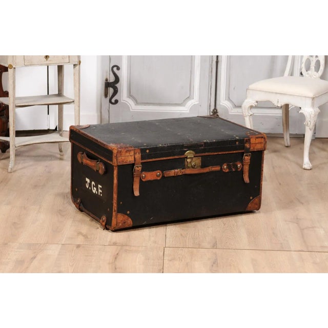 English Victorian Period 19th Century Black Traveling Trunk With Initials J.G.F. For Sale In Atlanta - Image 6 of 12