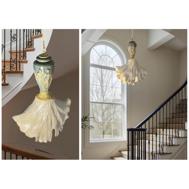 Vintage Light Blue Cream Goddess Ceramic Pendant Light For Sale - Image 13 of 18