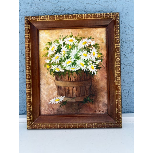 Mid 20th Century Mid Century Floral Daisy Painting in Wood Frame Signed For Sale - Image 5 of 6