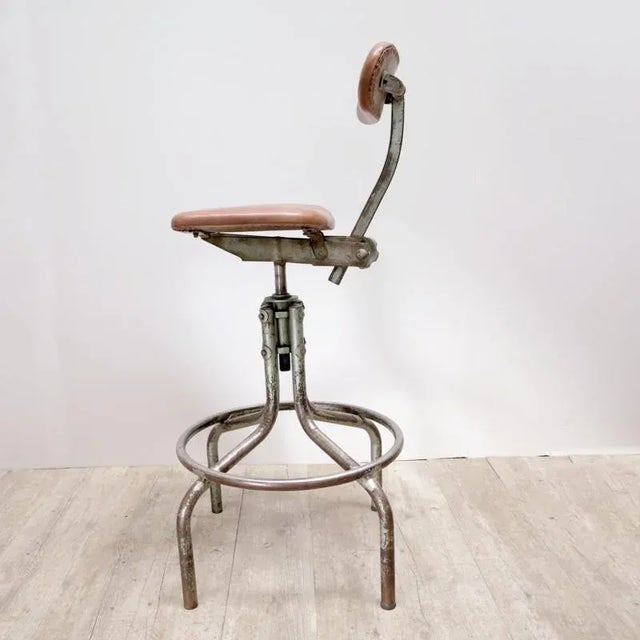 Brown Industrial Rotatable Steel and Leather Office Chair For Sale - Image 8 of 9