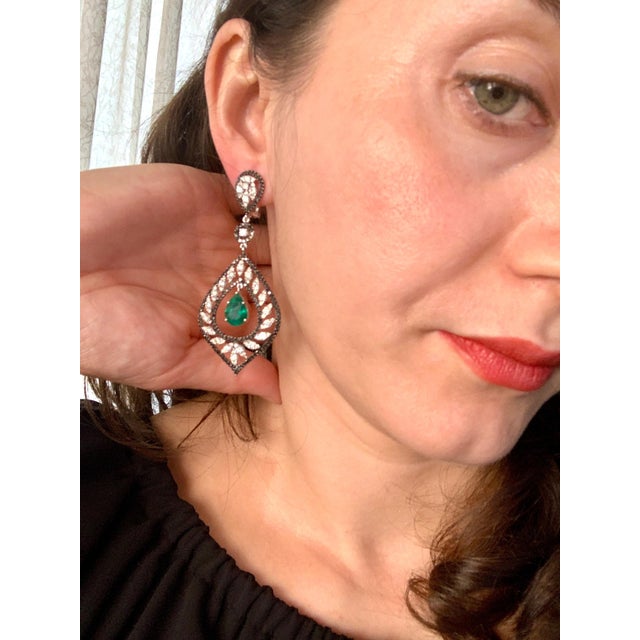 GIA Certified 6 Ct Zambian Pear Shape Emerald Diamond Drop Earrings 18Kt W Gold For Sale - Image 11 of 18