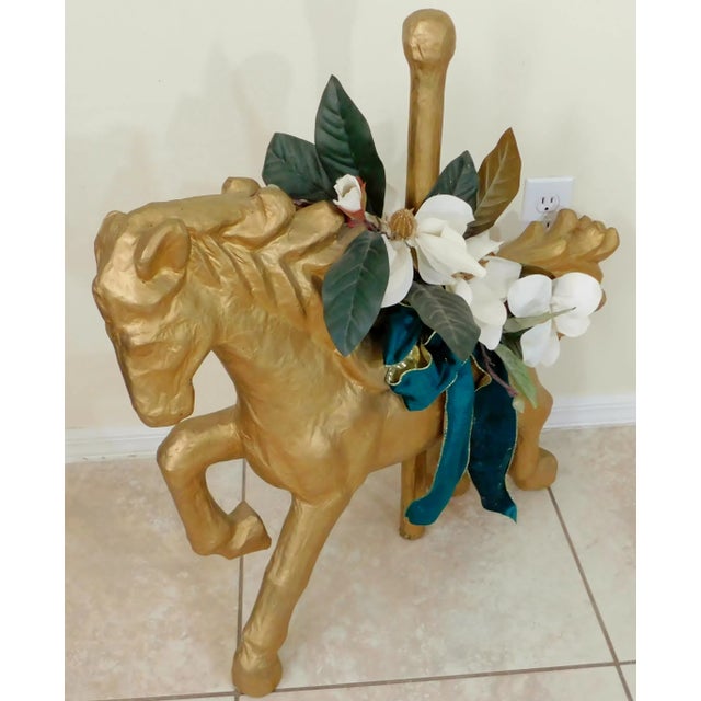 Wonderful large vintage gold painted & hand decorated paper mache carousel horse. Made in the USA - Circa late 1900's.