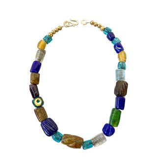 Boho Glass Beaded Necklace With Gold Tone Hook Clasp - Designed by Matthew Izzo For Sale