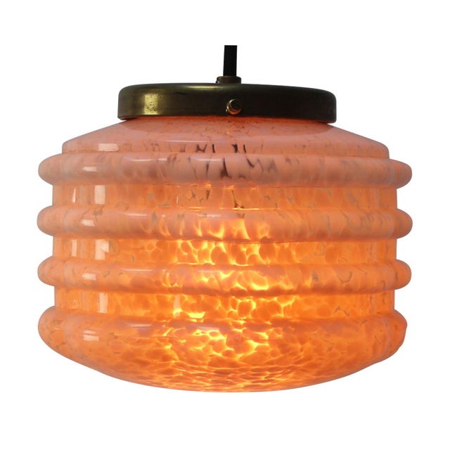 French Art Deco “Clichy” pink coloured glass pendant lamp, 1920s Brass glass holder 2 meter black cotton flex E26 / E27 Up...