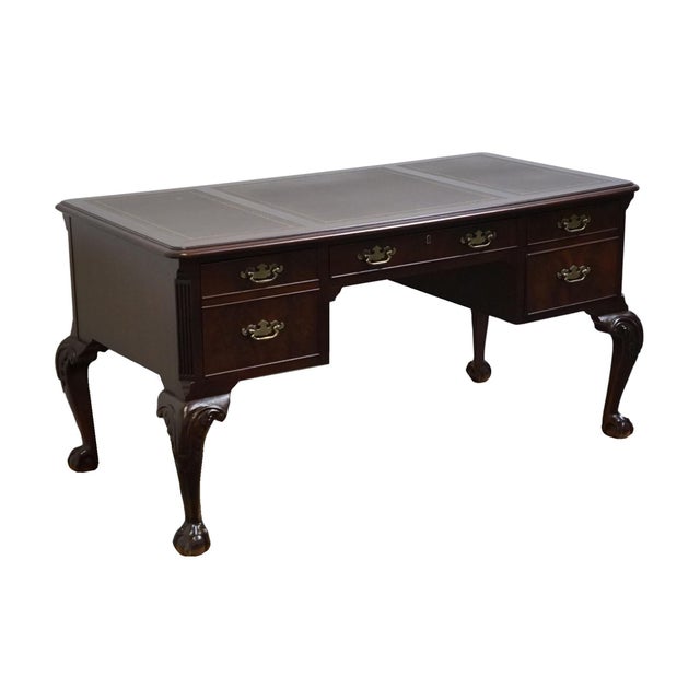Hekman Furniture Hekman Furniture Solid Mahogany Traditional Chippendale Style 58" Writing Desk W. Tooled Leather Top For Sale - Image 4 of 12