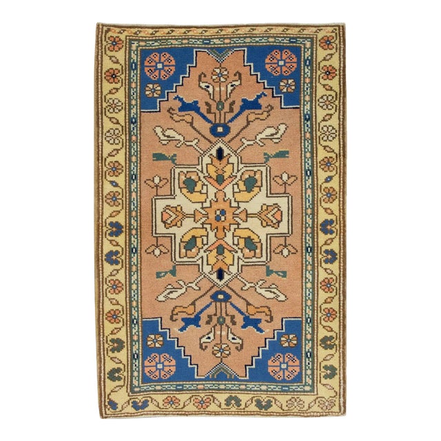 1960s Pink & Blue Turkish Vintage Anatolian Rug 2'6" X 3'10" For Sale