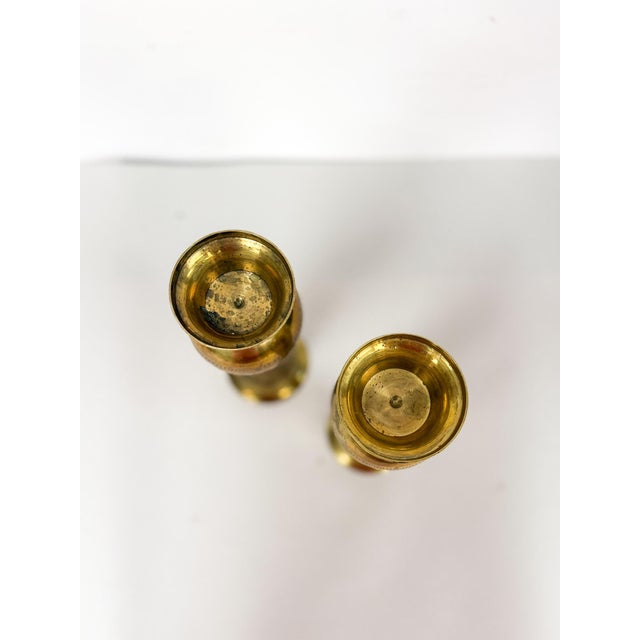 Brass Pair of Vintage Hand Etched Brass Flower Vase Hollywood Regency Vessels MCM For Sale - Image 8 of 8