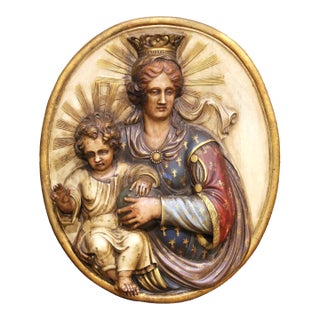 19th Century Spanish Carved Polychrome and Painted Madonna and Child Wall Plaque For Sale